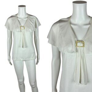 Vintage 70s Necktie Top Women's Small White Flutter Sleeves Capelet Buckle